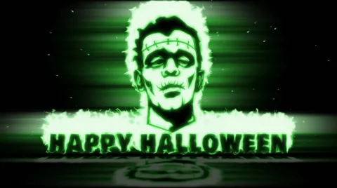 Burning Frankenstein face with text Happy Halloween Stock Footage 68311982