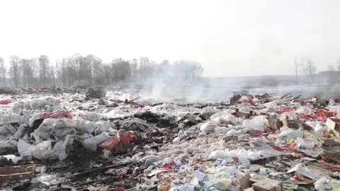 Burning garbage dump, ecological pollution Stock Footage 82054390