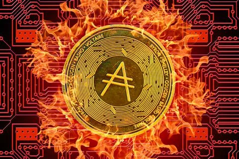 Burning golden valueable single cardano coin from crypto currency with a red  Stock Illustration