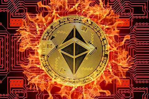Burning golden valueable single ether coin from ethereum crypto currency with Stock Illustration
