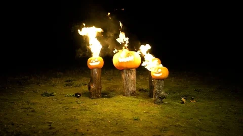 Burning halloween pumpkins on tree log in darkness, field, mist, dusk. Scary 스톡 동영상 81567082