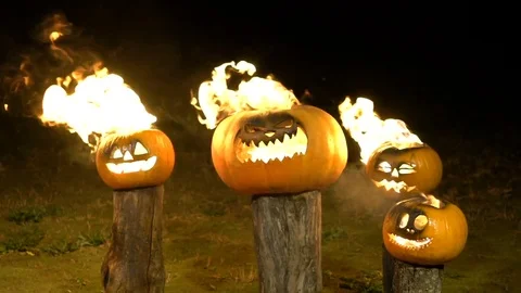 Burning halloween pumpkins on tree log in darkness, field, mist, dusk. Scary 스톡 동영상 81569319