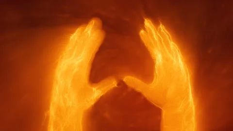 Burning hands concept animation, inferno background, built from particles Stock Footage 332848354