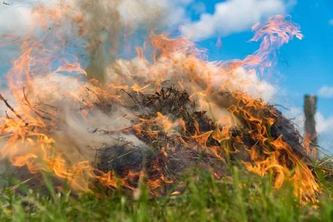 Burning haystack with dancing flame 스톡 사진