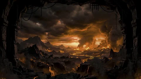 Burning Hell Landscape with Lava Rivers Seen Through a Dark Cave Arch Vidéo 346560516