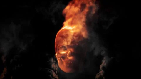 Burning horror of war concept - human skull with flames dark bg Stock Illustration