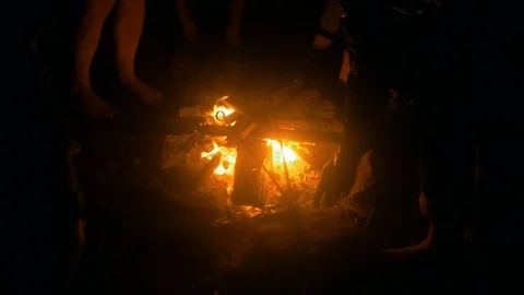 Burning hot fireplace in forest at dark night. Stockbeeldmateriaal 82222856