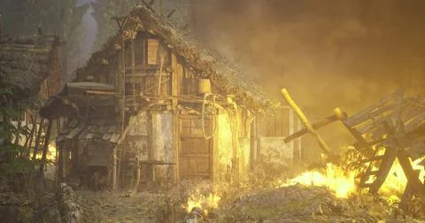 Burning hut in a dense forest during twilight with smoke rising Stock Illustration