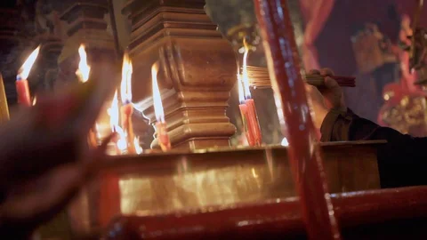 Burning Incense Inside Man Mo Buddhist Religion Temple in Hong Kong Stock Footage 111526328