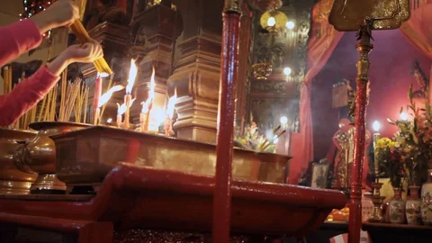 Burning Incense Inside Man Mo Buddhist Religion Temple in Hong Kong Stock Footage 111526335