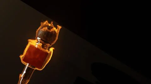 Burning journalist microphone on black background Stock Illustration