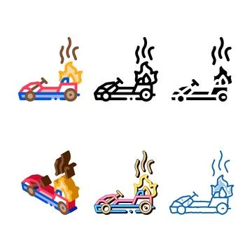 Burning kart, fire accident range color icon vector Stock Illustration
