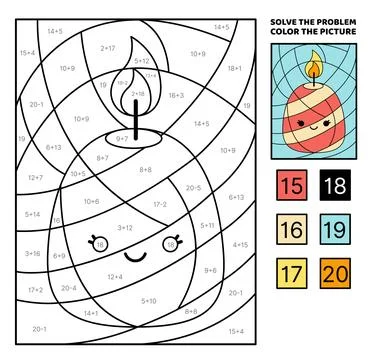 Burning kawaii penguin. Solve the problem, color the picture. Addition Illustrazione stock