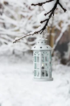 Burning lantern hanging on the branch snow winter day Stock Photos