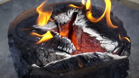 Burning of a large log. Slow motion of orange flame and smoke Stock Footage 84031677