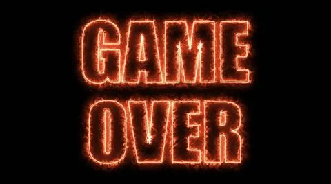 Burning letters of Game over text on black, 3d render background, computer... Foto stock