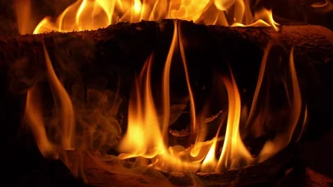 Burning Log Fire Flames in Fireplace Close-up Slow Motion Stock Footage 146221710