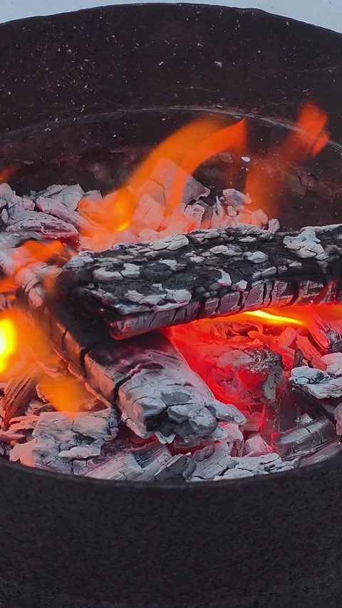 Burning logs and glowing red coals in a dark metal grill with flickering or.. Vídeos de archivo 333790695