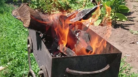 Burning logs in barbeque, slowmo footage. Stock Footage 198504553