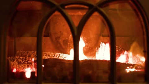 Burning Logs in a Cast Iron Wood Stove Fireplace Stock Footage 341836720