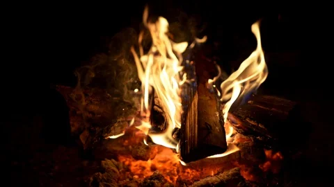 Burning logs engulfed with fire flames in an evening bonfire outdoors. Slow Stock Footage 128797274