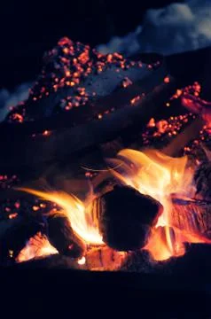 Burning logs in fire pit with cooking dome in the background Stock Photos