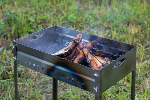 Burning logs in the grill Foto stock