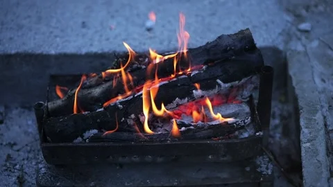 Burning logs in a small brazier creating a warm campfire ambiance Stock Footage 344966537