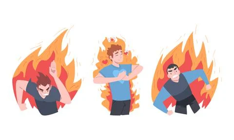 Burning Man Character Feeling Anger and Stress Vector Set Stock Illustration