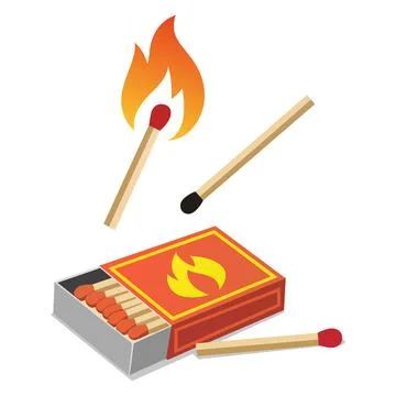 Burning Match and Open Matchbox with Spare Matches Fire Safety Stock Illustration