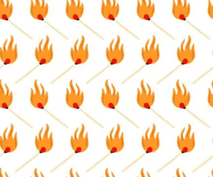 Burning match with fire hand draw isolated vector seamless pattern on white b 스톡 일러스트