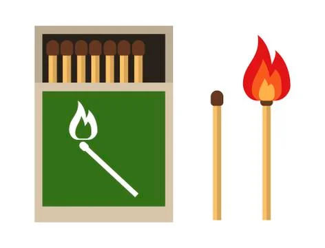 Burning match with fire, opened matchbox, burnt matchstick isolated on white Stock-Illustration