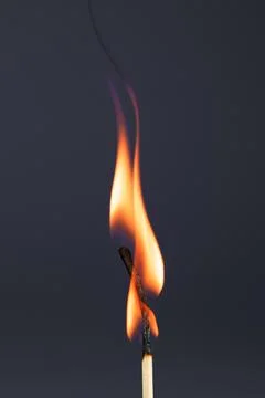 Burning match on a gray background. A wave of yellow flames. Stock Photos