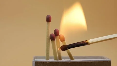 Burning match stick on yellow background Video stock 169943610