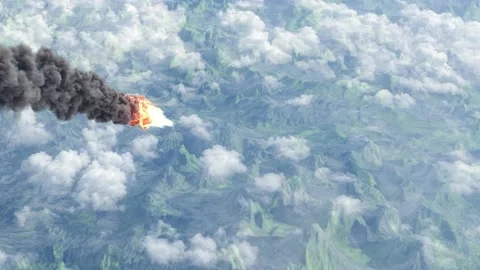 Burning meteor or rocket above green mountains and clouds Stock Footage 226659145