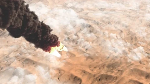 Burning Meteor or rocket above sand dunes Desert, Planet mars Stock Footage 226659544
