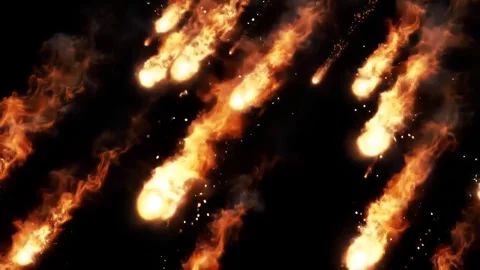 Burning Meteors Falling – Fiery Asteroid Shower in Space Stock Footage 303997612