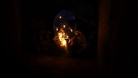 Burning mirror with pentagram on it in dark creepy place, occult rituals, magic Stock Footage