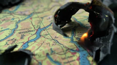 Burning Old Map Close Up Slow Motion Video stock 142698379