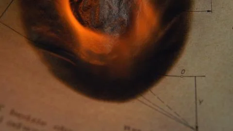 Burning Old Sheet of Paper with Physics Graphs and Formulas Foto stock