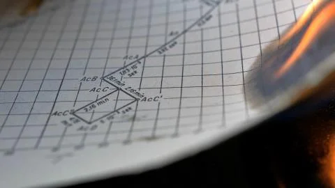 Burning Old Sheet of Paper with Physics Graphs and Formulas Stock Photos