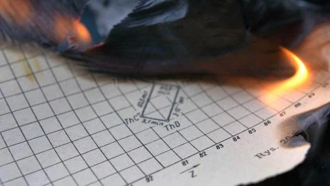 Burning Old Sheet of Paper with Physics Graphs and Formulas Stock Photos