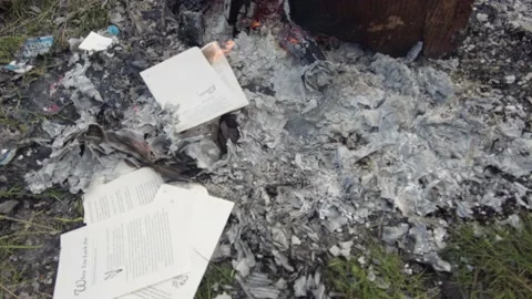 Burning pages from a book in a camp fire Stock Footage 167569211