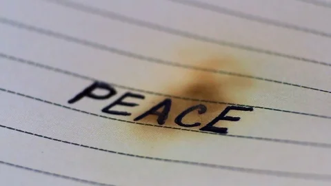 Burning paper on which is written "PEACE". Macro video Stock Footage 84750947