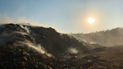 Burning pile of garbage at dump ground. Sanitation Workers segregating garbage Stock-Fotos