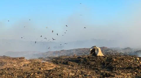 Burning pile of garbage at dump ground or landfill releasing toxic smoke Stock-Fotos