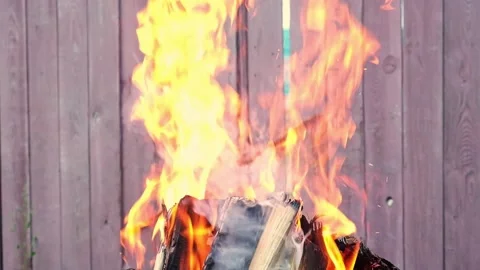 Burning pine logs for coals. Strong flame on the grill. Burning firewood on the Stock Footage 235316000