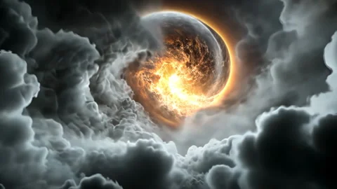 A burning planet floats amid thick gray clouds, radiating intense heat and fire Video stock 303353027