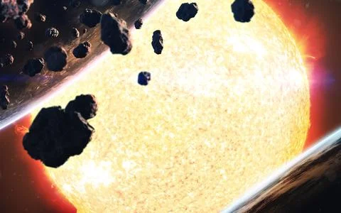 Burning plasma of glowing star, planets orbiting sun, flame at surface. Deep Illustrazione stock