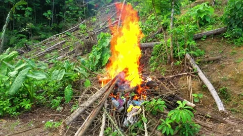 Burning plastic in a large fire, an environmental damage concept Stock Footage 143035756